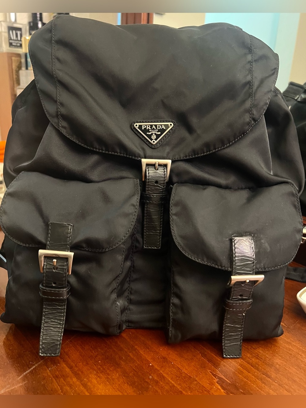 Prada Black Nylon Buckle Flap Backpack